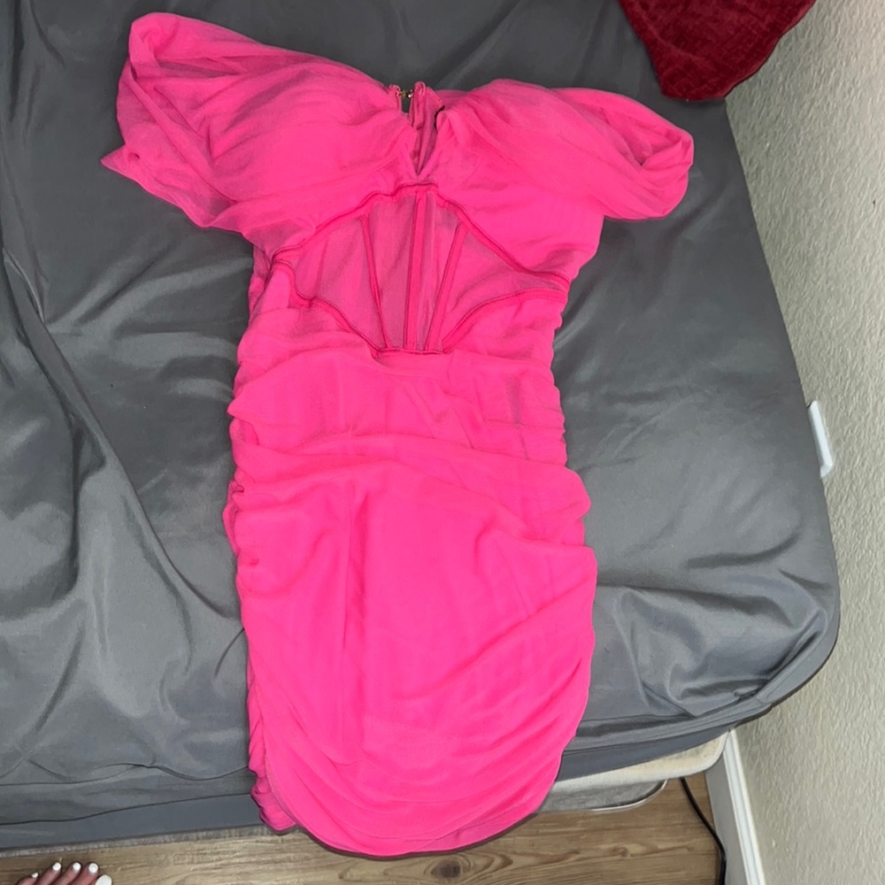 Pink off the shoulder ruffly mini dress